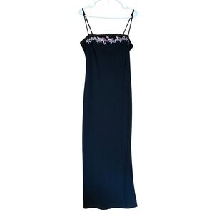 City Triangles Black Embroidered Floral Spaghetti Strap Maxi Dress Medium Y2K